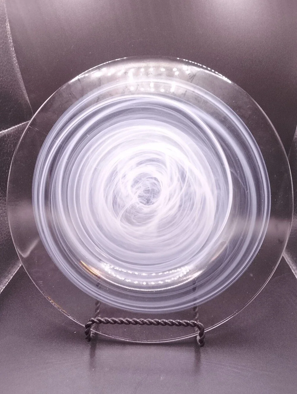 Clear Swirl Art Glass candle Plate 9” White Modern Minimalist